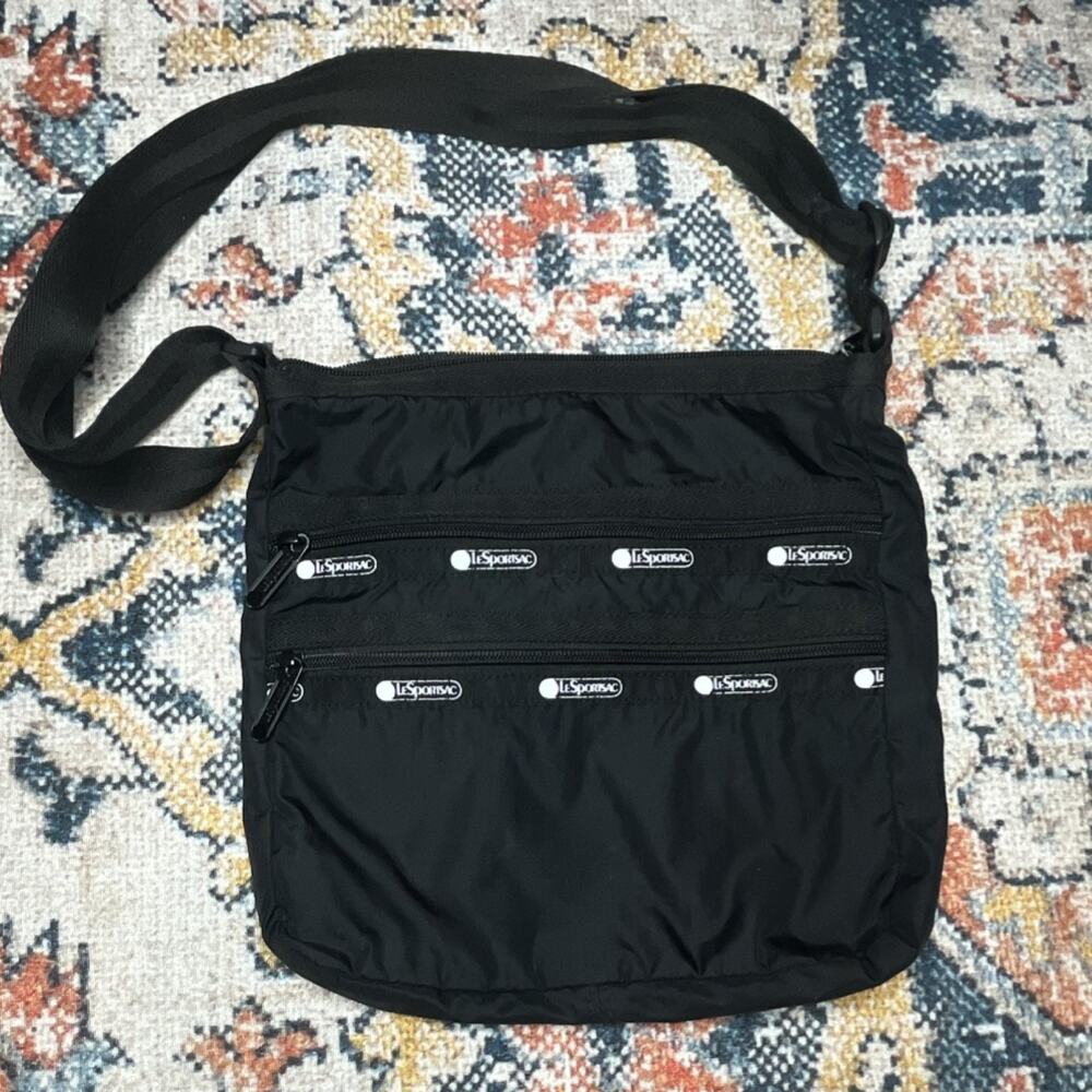 LeSportsac Kasey Crossbody Bag Black Ripstop Nylon 3-Zip Travel Purse Lightweigh